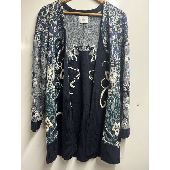 Anthropologie HWR Monogram Emmia Hand Stitched Cardigan Sweater Medium Floral - Picture 4 of 8